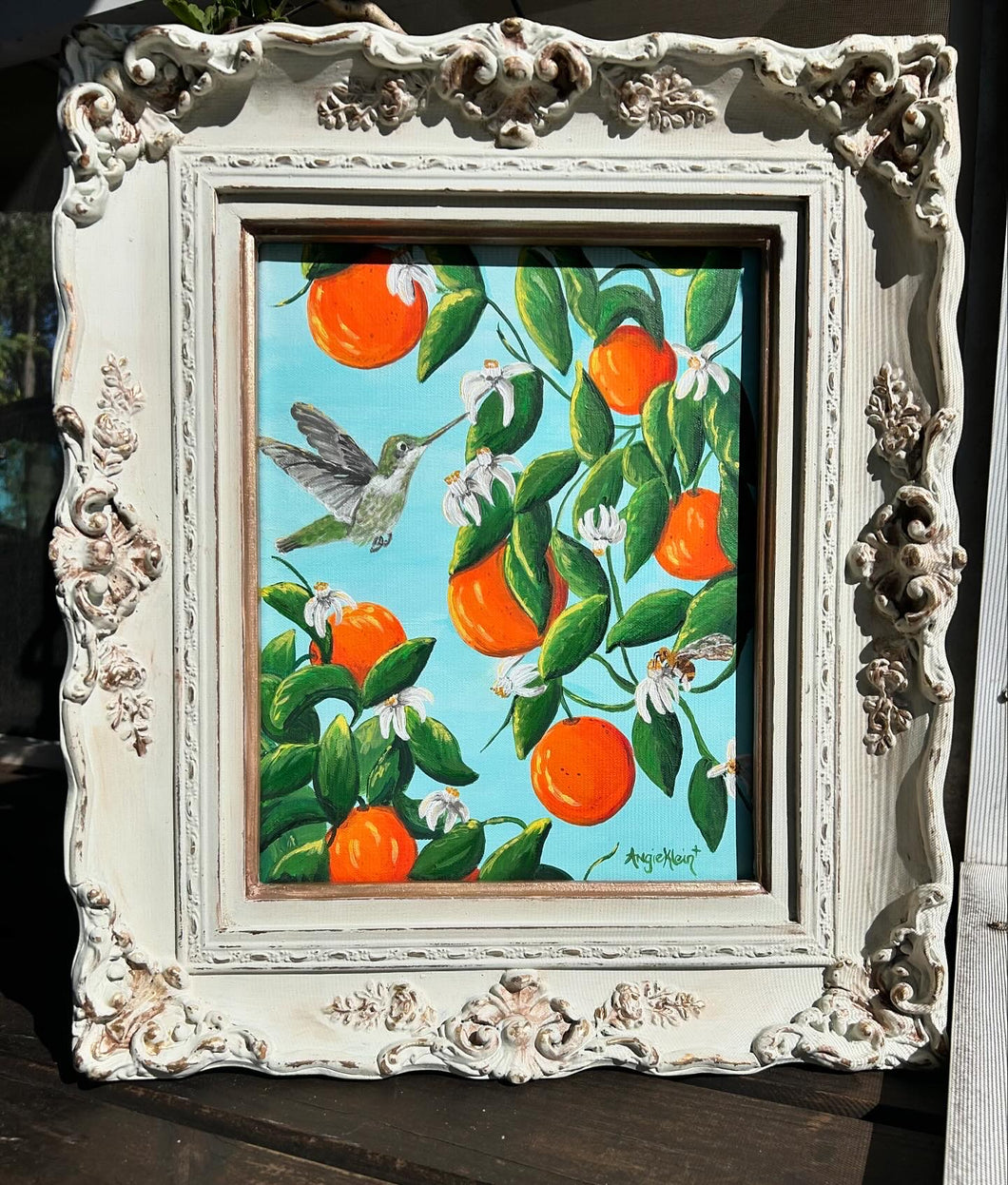 Hummingbird's Grove - Original Art - Hummingbird - Bees- Oranges - Acrylic Art