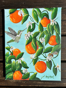 Hummingbird's Grove - Original Art - Hummingbird - Bees- Oranges - Acrylic Art