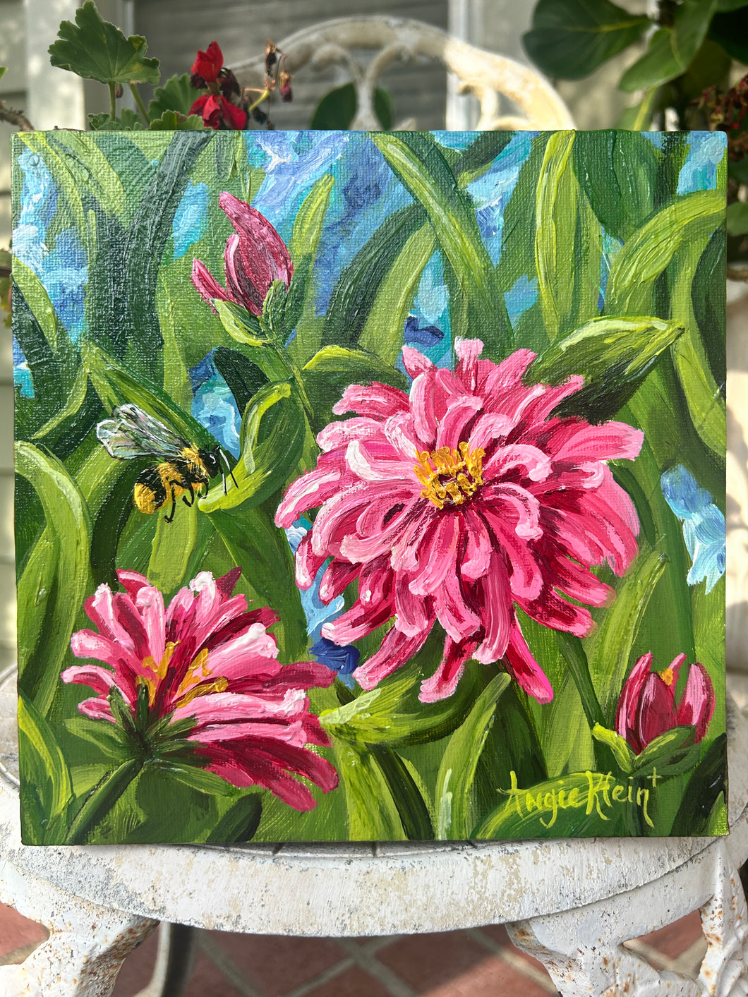 Zinnias in Pink - Original Art - Zinnia Art - Bumble Bee Art -Florida Art - 1 of 2