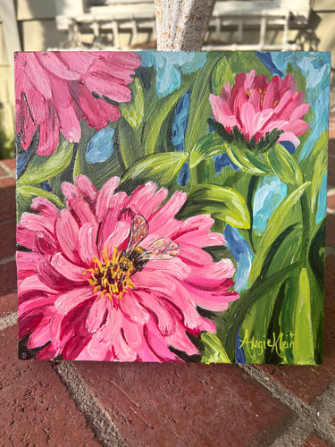 Pink Petals - Zinnia Painting - Botanical Art - Original Art - Florida Art - Bumble Bee Art  1 of 2