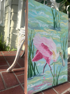 Rosie Summer - Roseate Spoonbill- Original Art - Painting on wood - Acrylic Painting