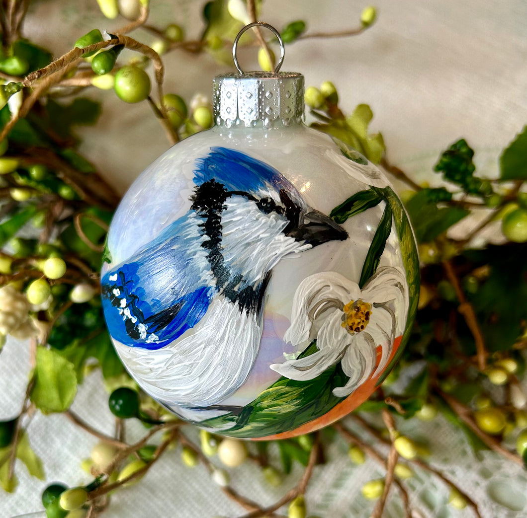 Blue Jay and Oranges Glass Ornament - Hand painted - Keepsake