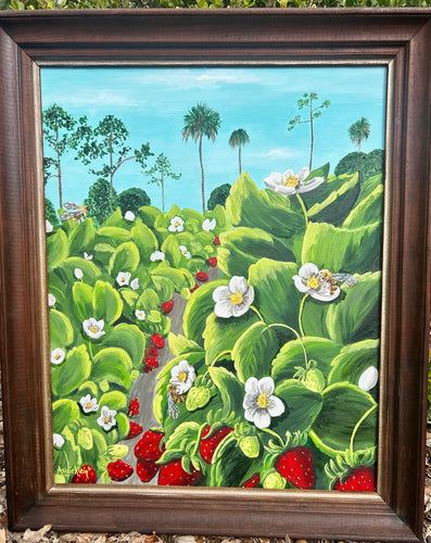 Winter Berries   - Original Art - Florida Art - Strawberry Fields- Bees