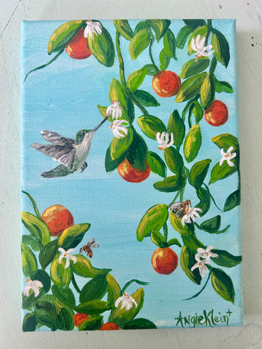 Little Hummingbird's Grove - Orange painting - Original Art - Bird Painting - Bees