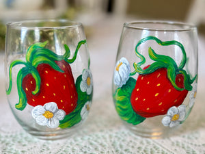 Strawberry Wine Glass - Champagne Glass - Hand Painted - Wine Art